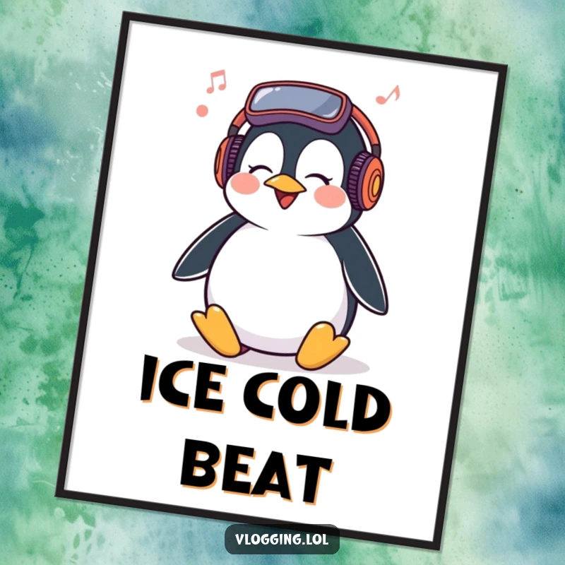 Funny Penguin Poster depicting a giggling penguin bopping its head to music, a humorous piece of wall art for joy.