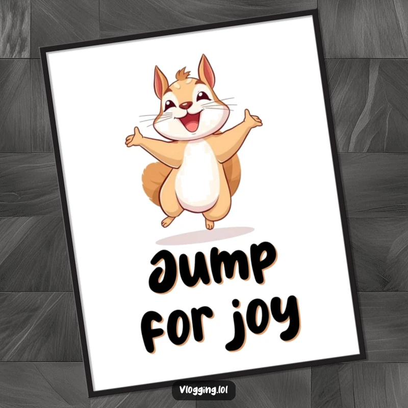 Funny beaming squirrel poster art, jumping with pure excitement while recording, a whimsical and humorous depiction for creative spaces.