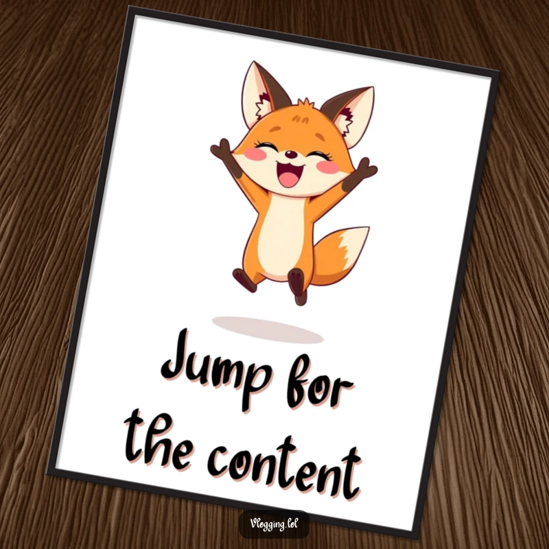 Funny poster of an energetic fox jumping dynamically for a grand vlogging introduction, perfect creator wall art.