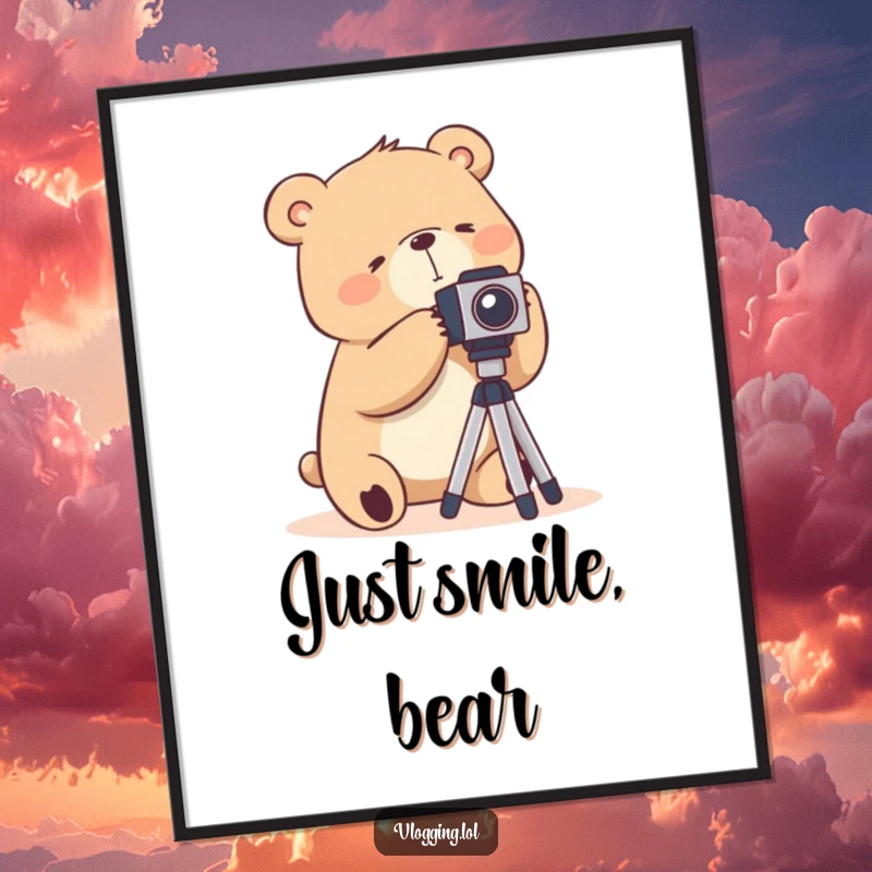 Funny poster of a silly bear fumbling awkwardly with a camera tripod, intended for photography enthusiasts.