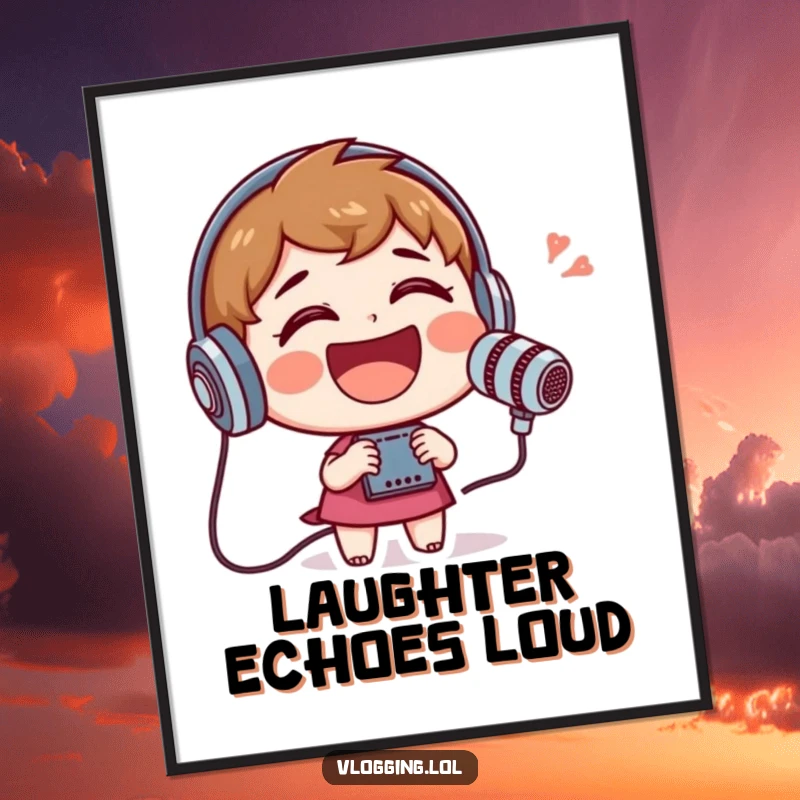 Funny poster exhibiting a cheerful character laughing heartily into a recording device, capturing a moment of pure mirth.