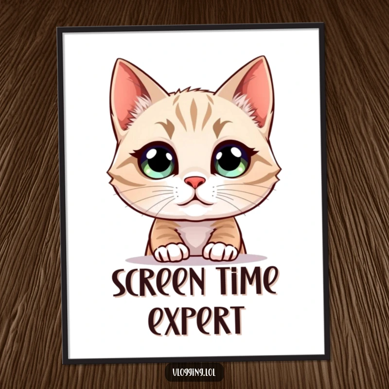 Funny Cat Poster capturing a wide-eyed feline engrossed in a screen, a humorous piece of wall art for cat enthusiasts.