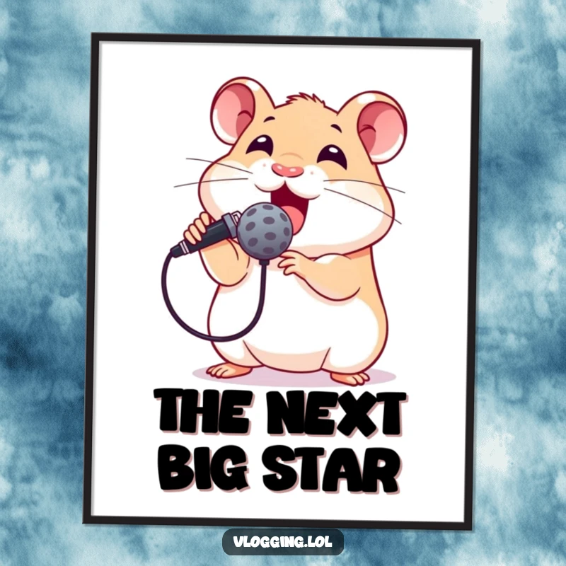 Funny poster print of an excited hamster enthusiastically holding a microphone to its mouth, ready to perform, adding humor to any room.