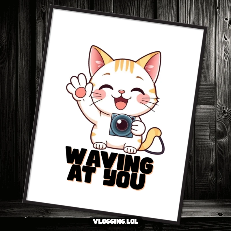Funny cat gamer poster featuring a delighted cat waving enthusiastically at a tiny camera, wall art.