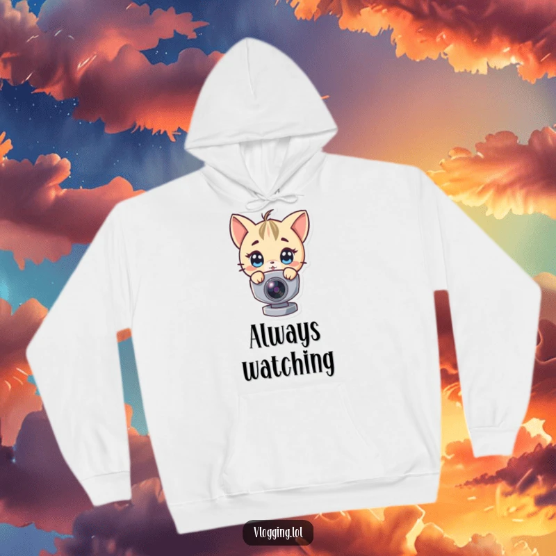 Funny hoodie with a cute character peeking curiously over a webcam, designed for comfort and humor.