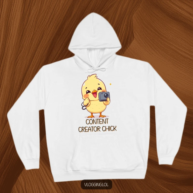 Funny hoodie showcasing a happy chick intently recording a video with its own tiny camcorder.