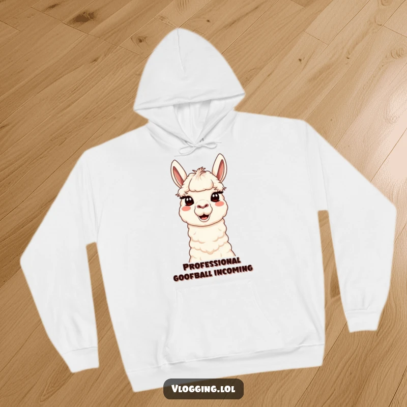 Funny Content Llama Hoodie with a cute llama making a goofy, silly face for the camera, offering warmth and humor for creators.