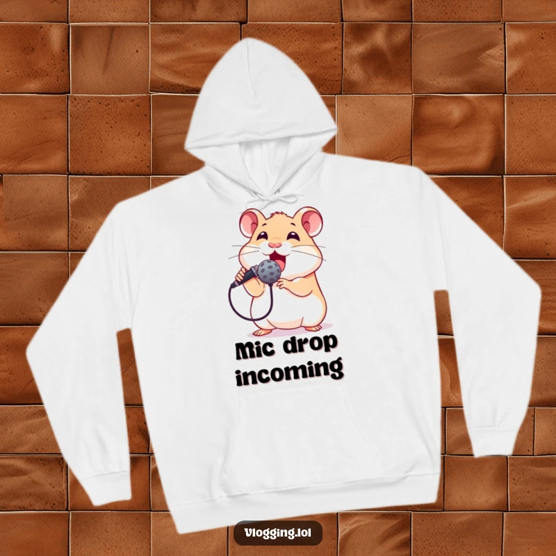 Funny hoodie graphic of an energetic hamster holding a microphone, looking excited to perform, making it a humorous and cozy apparel choice.