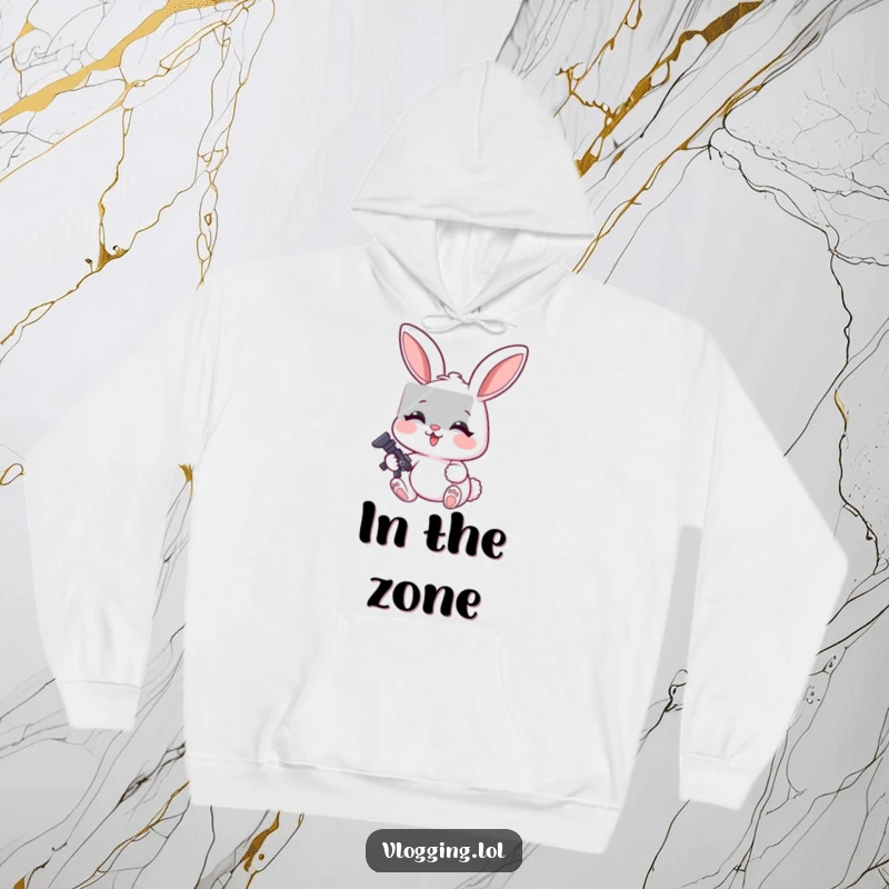 Funny hoodie showing a cheerful rabbit engrossed in editing a video, with a look of great concentration and creativity.