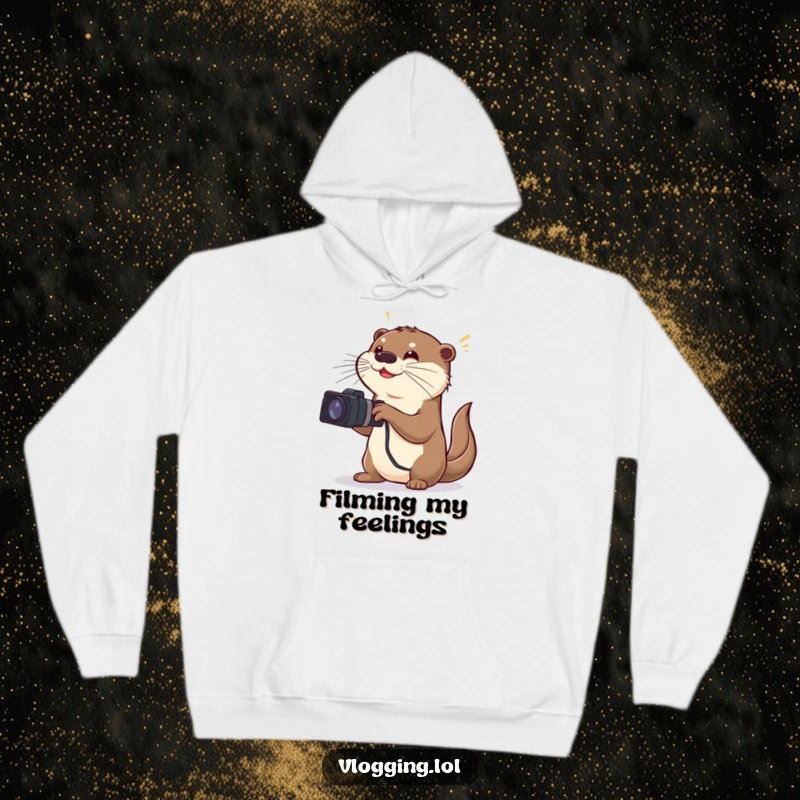 Funny hoodie with a playful otter enthusiastically filming, using large, exaggerated gestures to direct a dramatic movie scene.