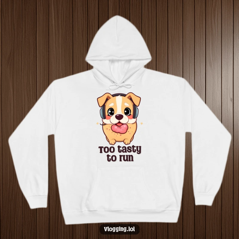 Funny bagel dog hoodie: A bagel wearing headphones looks surprised as a playful dog approaches for a nibble. Excellent funny gift.