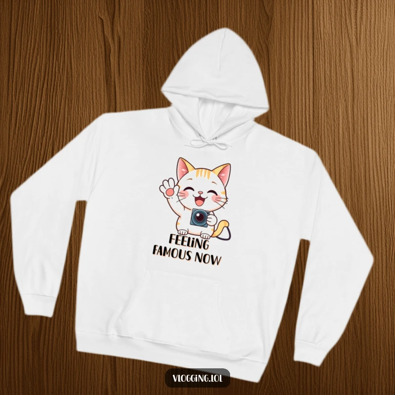 Funny cat gamer hoodie, waving enthusiastically at a tiny camera, cozy and humorous apparel.