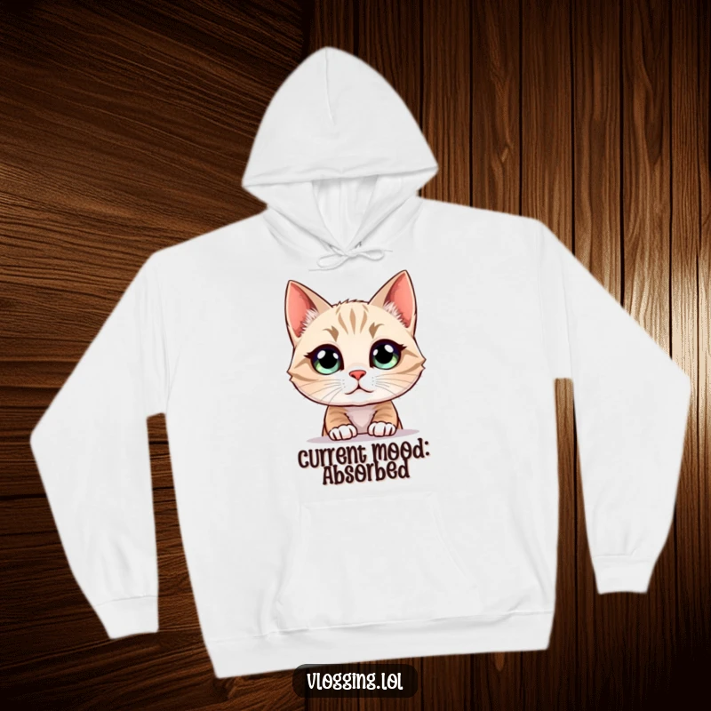 Funny Cat Hoodie showing a wide-eyed feline captivated by a screen, perfect for cozying up and embracing digital life humorously.