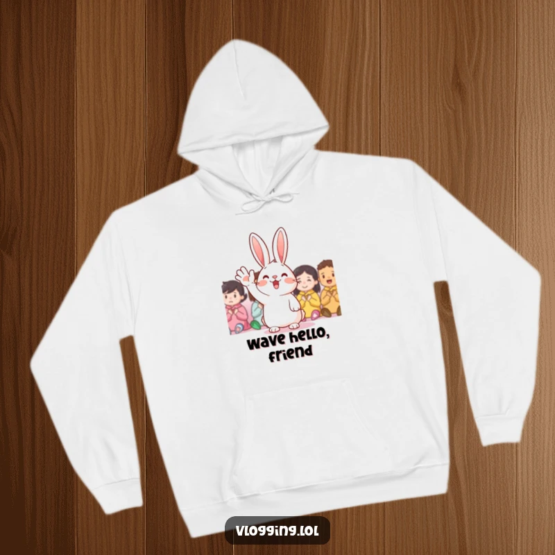 Funny Hoodie: A cute, cheerful rabbit waving with boundless excitement, offering warmth and joy, an excellent funny gift.