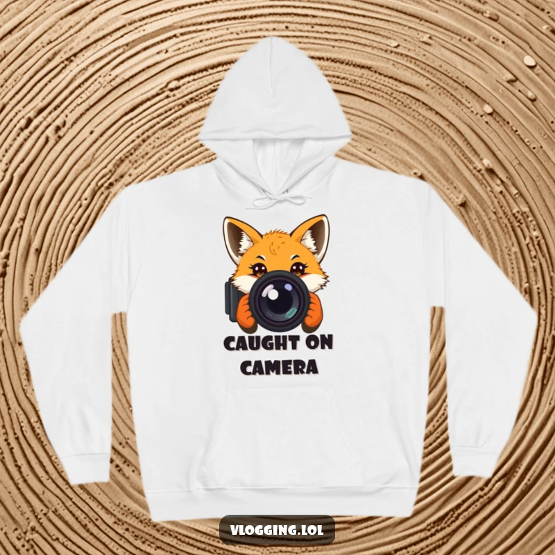 Funny hoodie with a curious fox peeking into a camera lens, offering warmth and a touch of humorous intrigue.