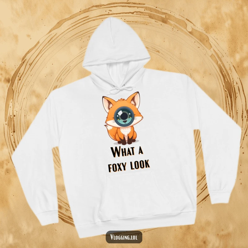Funny hoodie with a curious fox staring intently into the camera lens, conveying a sense of wonder. Cozy and intriguing.