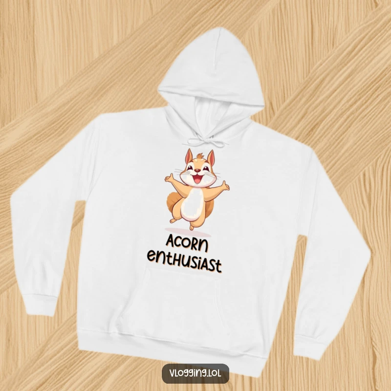 Funny beaming squirrel hoodie, jumping excitedly while recording, offering warmth and a humorous, energetic vibe for creators on the go.