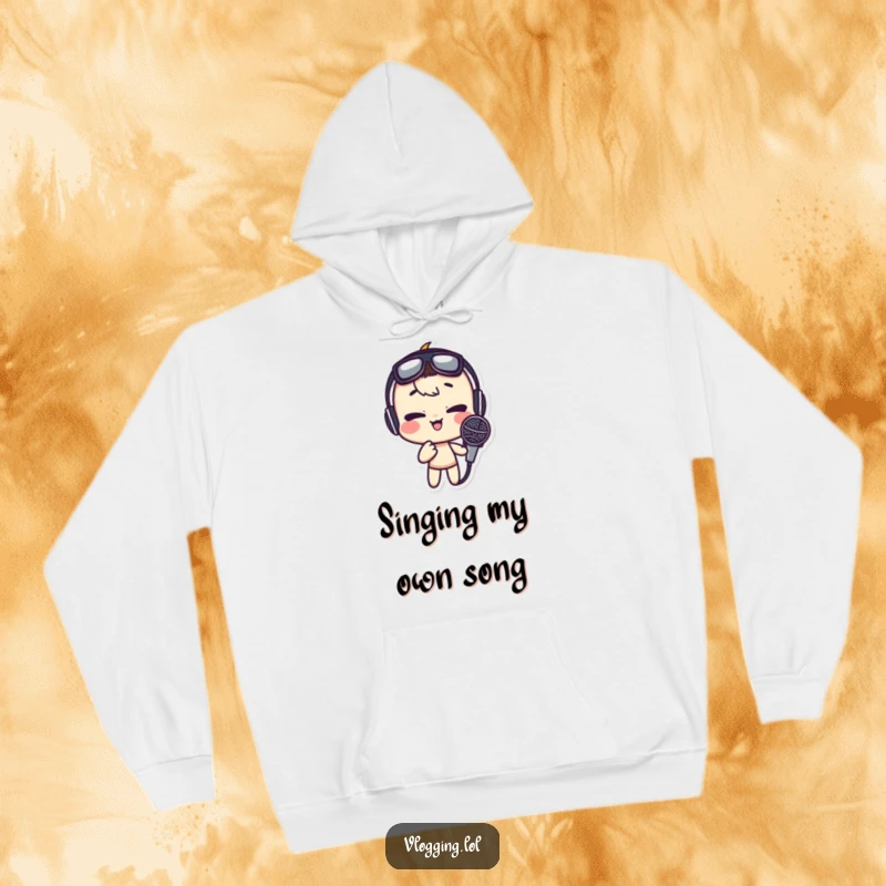 Funny hoodie showcasing a character comically contorting their face while singing into a microphone, a warm and witty apparel choice.