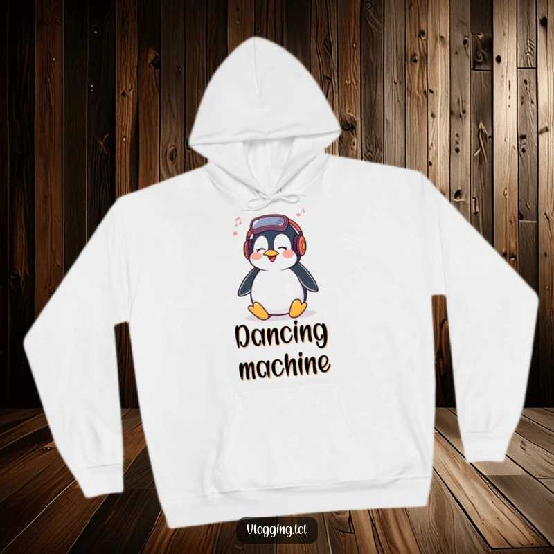 Funny Penguin Hoodie with a giggling penguin joyfully bopping its head to vlogging music, providing warmth and humor.
