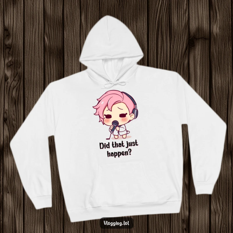 Funny hoodie showing a surprised character letting a microphone fall, their expression one of pure shock.