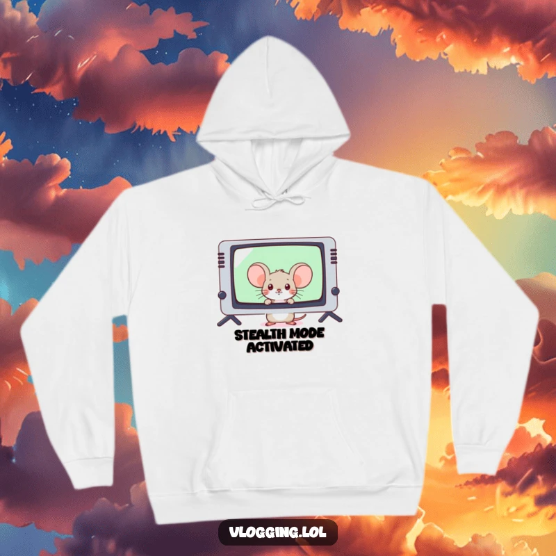 Funny shy mouse peeking from behind a giant video game screen on a hoodie, looking curious.