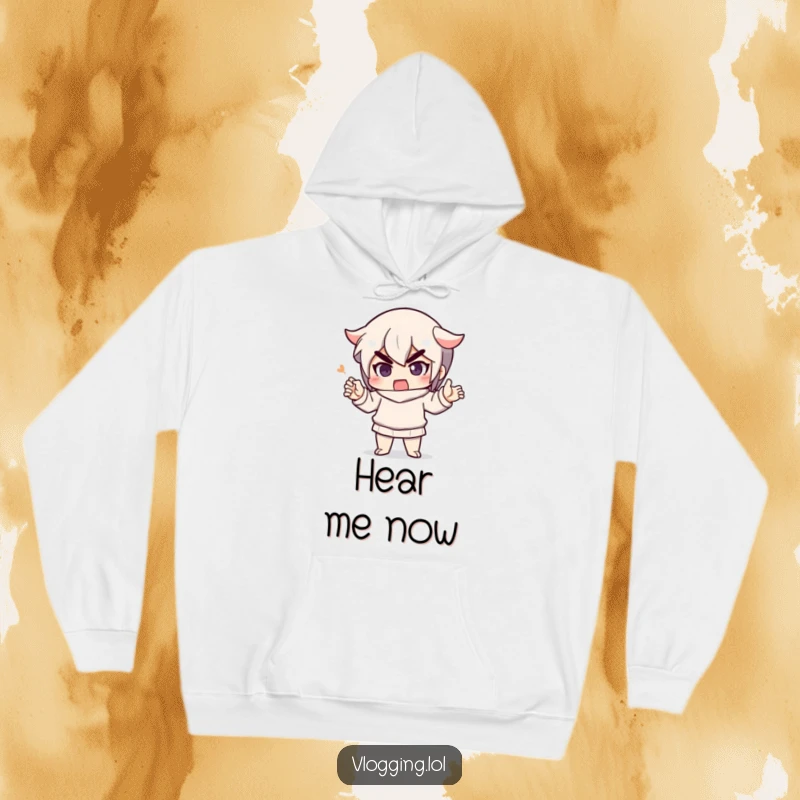 Funny hoodie featuring a determined character animatedly gesturing while speaking, perfect for comfort and expressing passion.