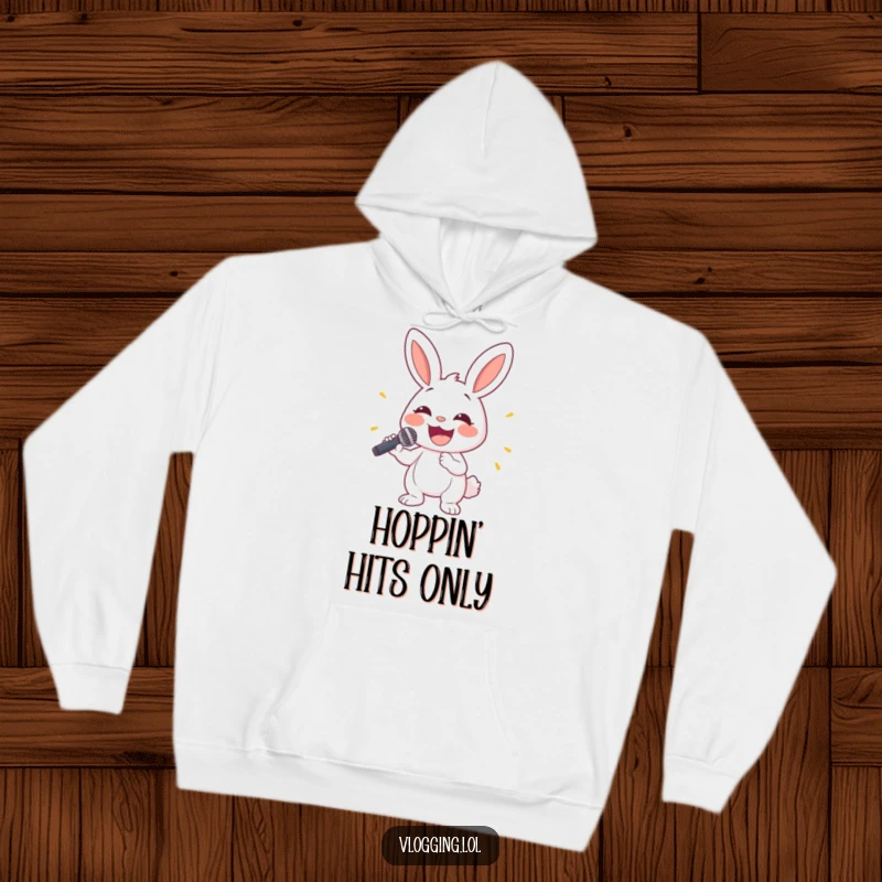 Funny bunny hoodie showing a happy rabbit holding a microphone with a wide smile, perfect for singers and fans.
