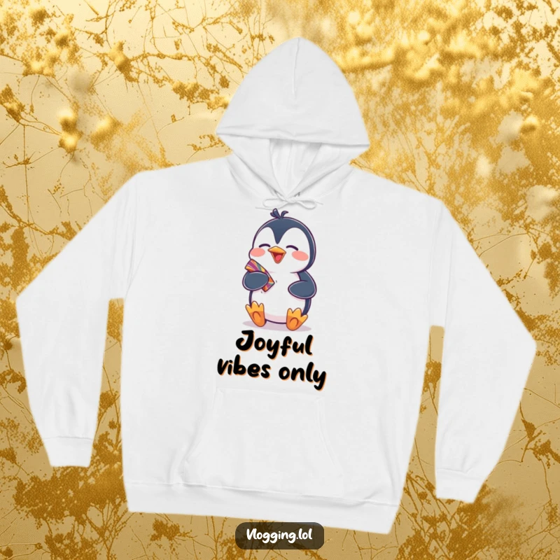 Funny hoodie graphic of a giggling penguin excitedly displaying a colorful item, offering humorous comfort and a cheerful vibe.