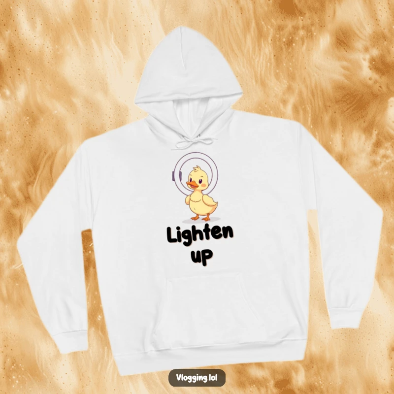 Funny wobbly duck hoodie, struggling to balance a ring light, offering warmth and a humorous, relatable vibe for content creators.