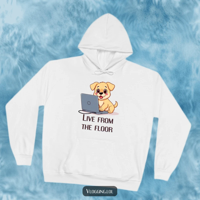Funny hoodie showcasing a surprised puppy tripping over a laptop while vlogging, perfect for a humorous creator's cozy setup.