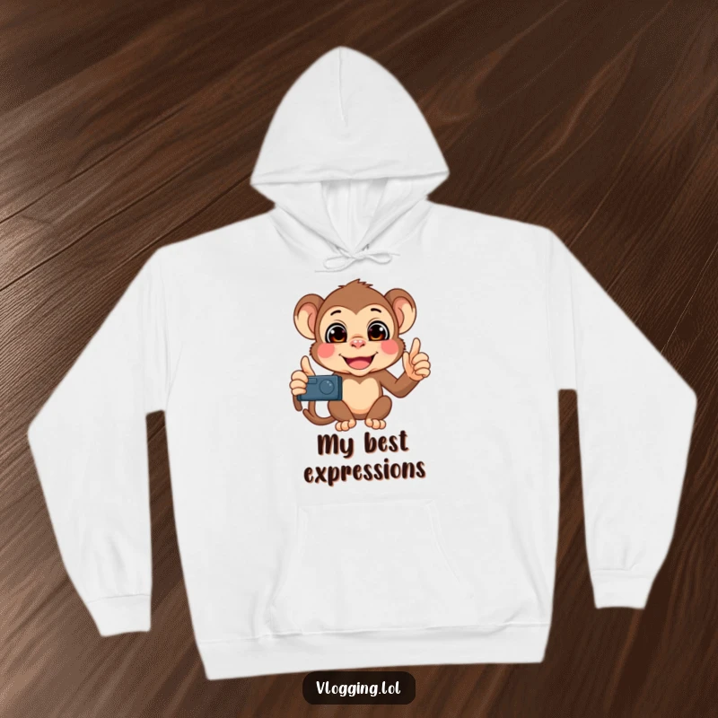 Funny Monkey Selfie Hoodie showing a mischievous monkey filming itself with a collection of incredibly funny and varied facial expressions.
