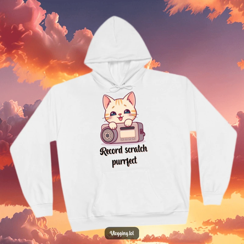 Funny cat hoodie showing a curious cat peeking around a microphone with delight, ideal for content creators and pet owners.
