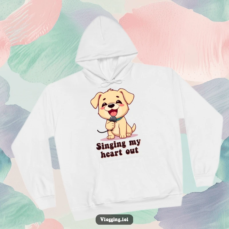 Funny Puppy Singer Hoodie showing a delighted puppy holding a microphone and singing loudly, radiating pure musical joy.