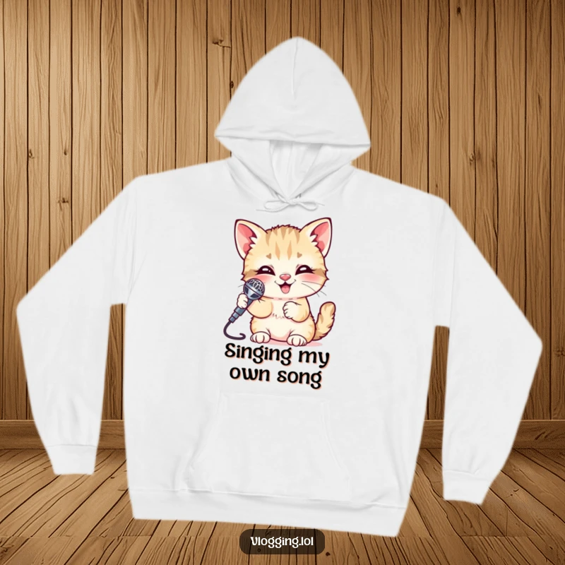Funny Kitten Hoodie featuring a giggling kitten clutching a shiny microphone, ready for a performance. Warm, soft, and full of charm.