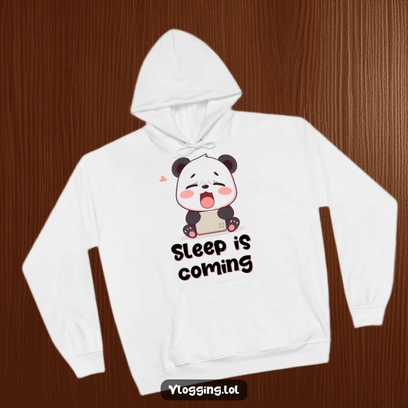 Funny hoodie featuring a tired panda yawning widely in front of a digital device, offering warmth and a humorous, sleepy vibe.