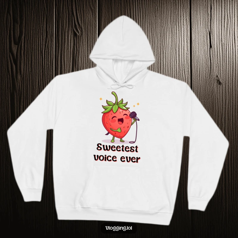 Funny strawberry singer hoodie: A cheerful strawberry with a tiny microphone, performing on stage with gusto. Excellent funny gift.