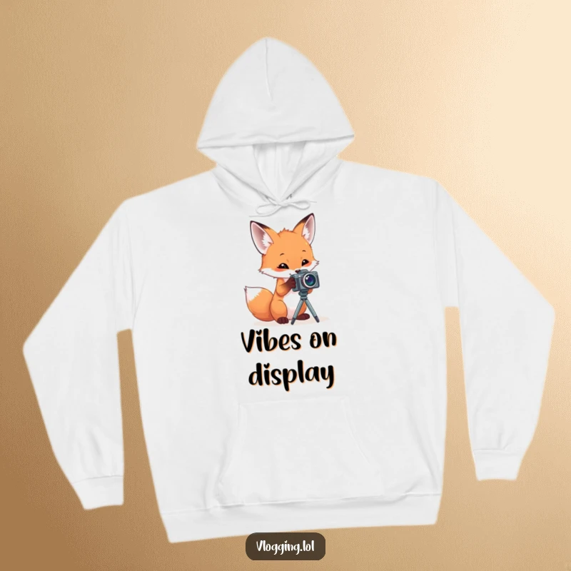 Funny hoodie displaying a curious fox experimenting with a diminutive camera set up on a tripod, radiating playful photographic curiosity.