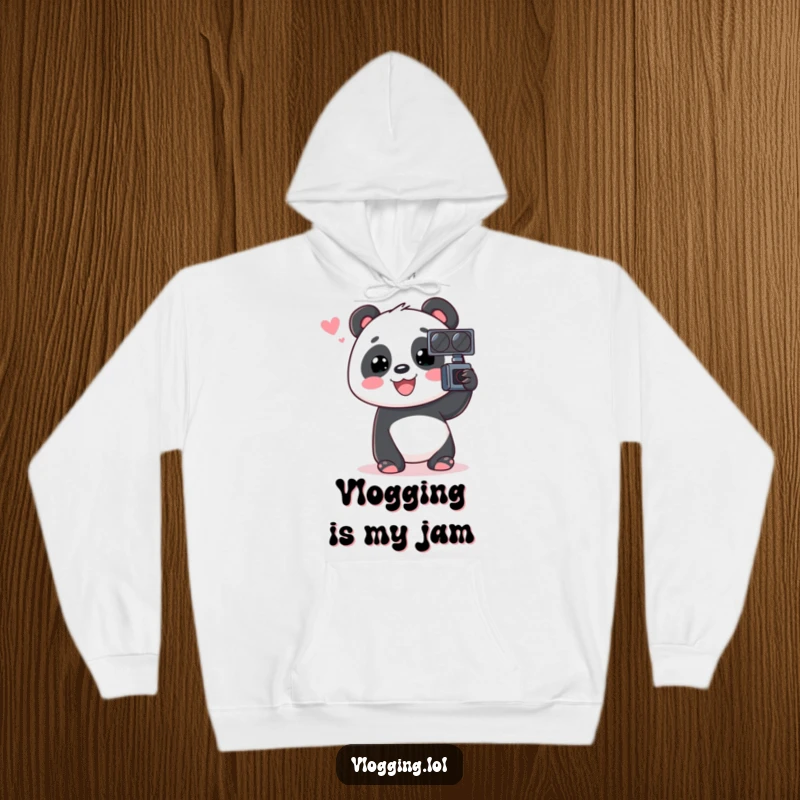 Funny Panda Hoodie with a happy panda energetically chatting into a video recorder, offering warmth and humor for creators.