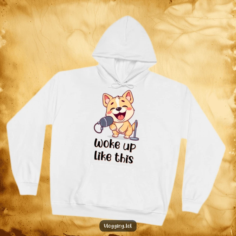 Funny hoodie with a playful dog enthusiastically barking into a microphone, ready to give a show-stopping performance.