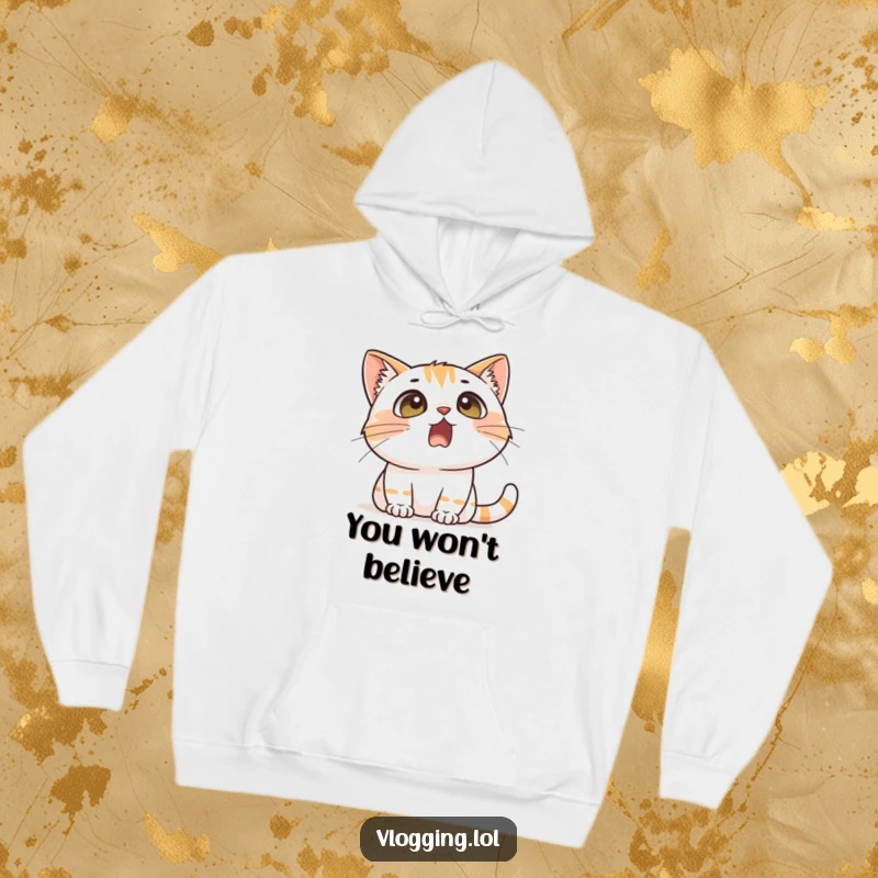 Funny hoodie graphic of a cat with an extremely surprised expression, eyes wide and mouth open, ready to deliver a humorous reaction.