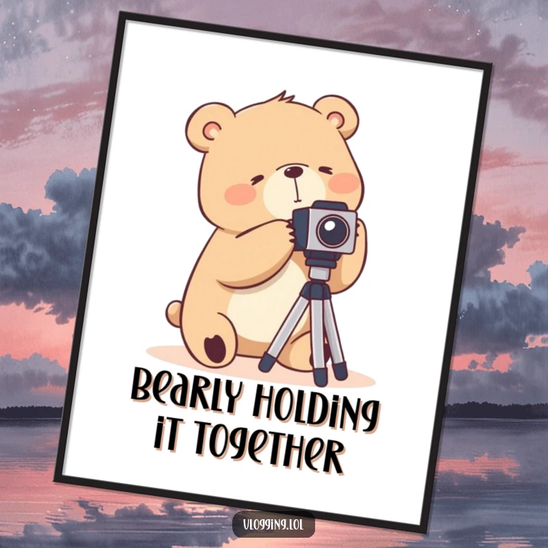 Funny Free Printable Wall Art: A silly bear awkwardly trying to set up a camera tripod, artistic and humorous.