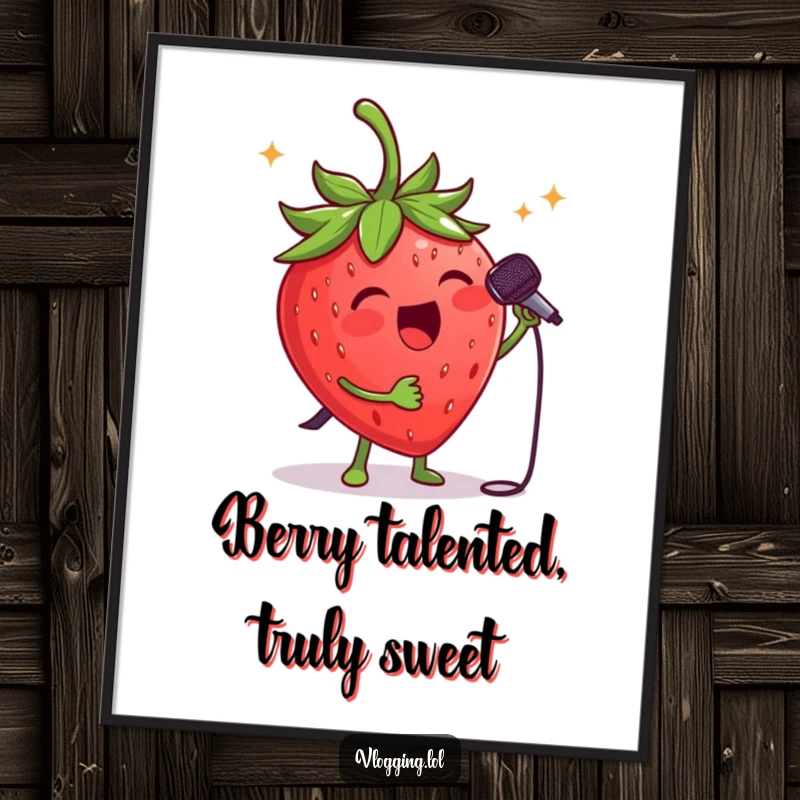 Funny Free Printable Wall Art: Cheerful strawberry with a tiny microphone, passionately singing lyrics on a concert stage.