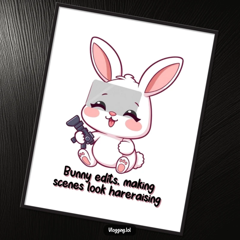 Funny Free Printable Wall Art of a cheerful rabbit intently editing a video, symbolizing focus and creation.