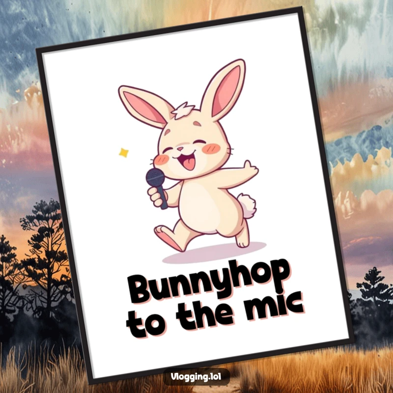 Funny Free Printable Wall Art depicting a mischievous bunny tripping with a microphone while laughing heartily.