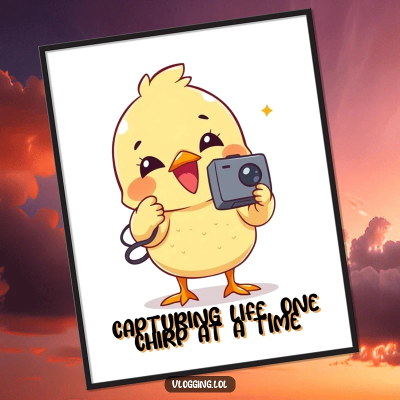 Funny Free Printable Wall Art: An excited chick records a video with a miniature camcorder, exuding pure delight.