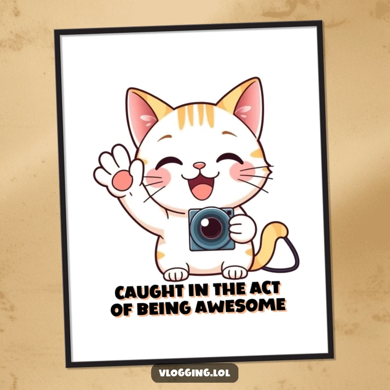 Funny Free Printable Wall Art: Delighted cat waving enthusiastically at a tiny camera, perfect for gamer decor.