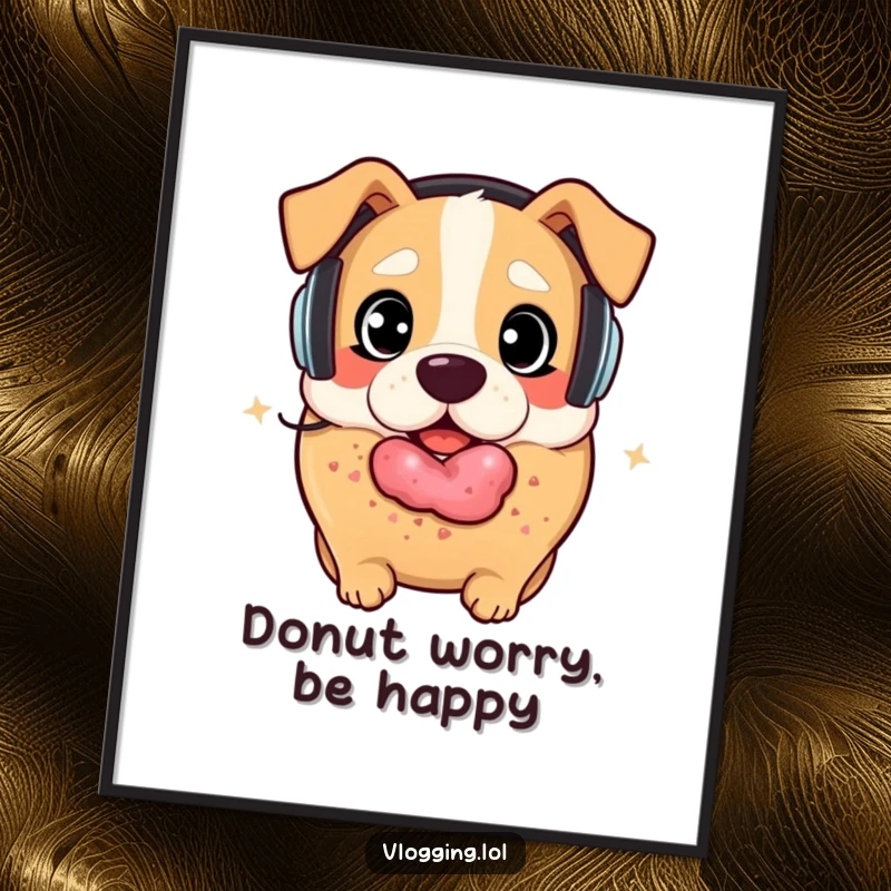 Funny Free Printable Wall Art: A surprised bagel wearing headphones, about to be playfully chased by a dog.