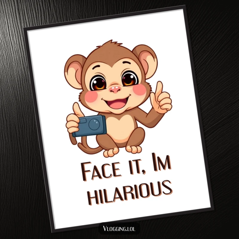 Funny Free Printable Wall Art: Mischievous monkey making many funny faces while filming itself with a smartphone, humorous decor.