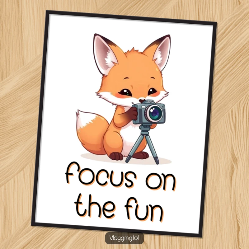 Funny Free Printable Wall Art: Curious fox intently playing with a small camera on a tripod, creating art.