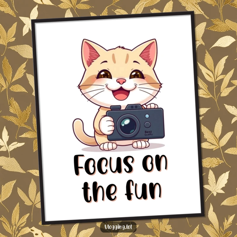 Funny Free Printable Wall Art: A cat happily filming itself with a camera, smiling, vibrant downloadable decor for creators.